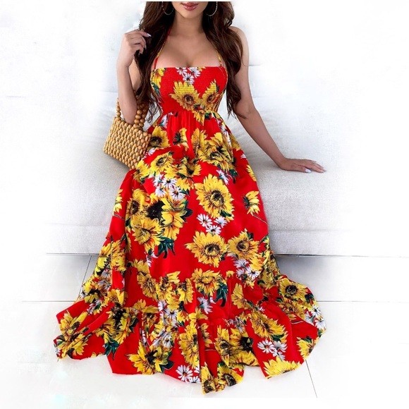 Sunflower Open Back Maxi Dress Sleeveless Sundress - Picture 3 of 5